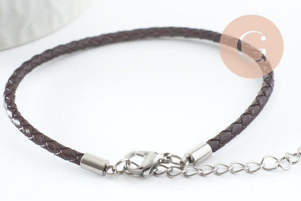 Bracelet réglable cuir cacao acier platine 304 inoxydable 3mm-21.5cm, bracelet unisexe acier inoxydable, x 1 (G9574)
