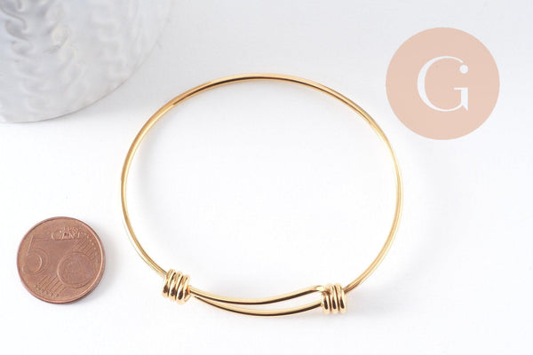 Bracelet réglable jonc lisse acier 304 inoxydable doré 63-65mm, x1 (G2915)