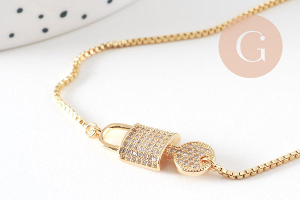 Bracelet réglable laiton doré 14k cadenas et clef zircon, bracelet laiton or, sans nickel, bracelet zircon doré,26cm, x1 (G2572)