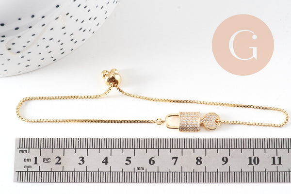 Bracelet réglable laiton doré 14k cadenas et clef zircon, bracelet laiton or, sans nickel, bracelet zircon doré,26cm, x1 (G2572)