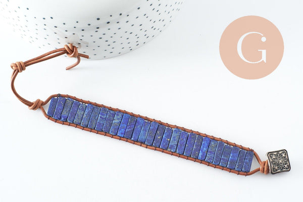 Bracelet réglable lapis lazulis naturel cuir 23-28cm, bracelet pierre naturelle energie positive, bracelet lithothérapie, x1 (G9976)