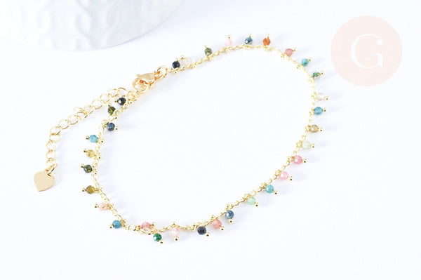 Bracelet réglable perles tourmaline laiton doré 19cm, x1 (G6978)