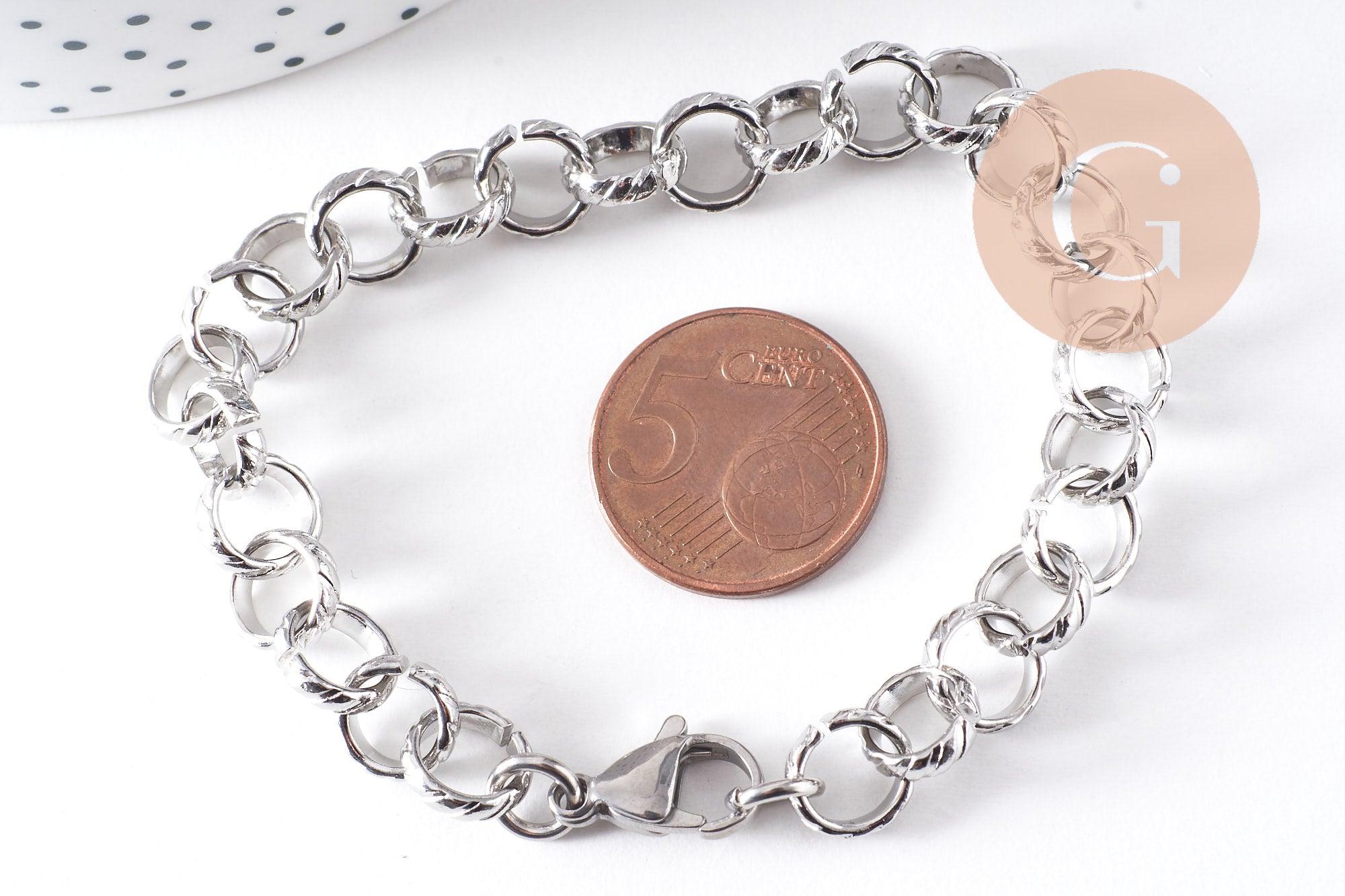 Bracelet très grosse maille rolo acier inoxydable platine texturé 20.3cm, x1 (G10313)