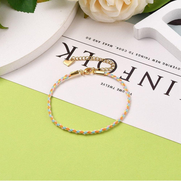 Bracelet tressé coton jaune bleu acier doré 14k 20.5cm, x1 (G6221)