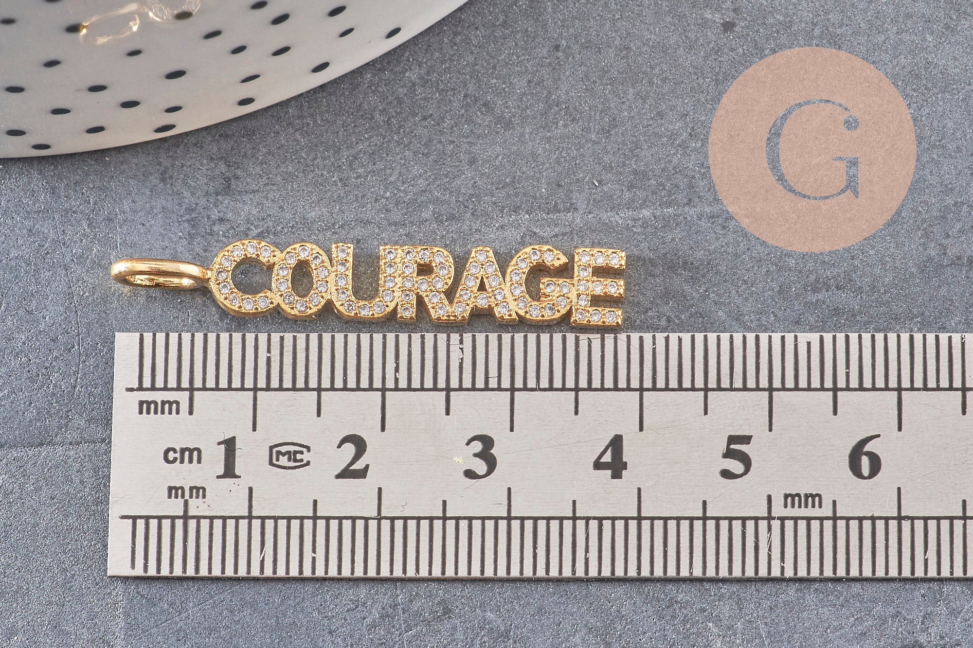 Breloque COURAGE laiton doré 18k cristal 40mm, x1 (G6359)
