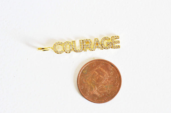 Breloque COURAGE laiton doré 18k cristal 40mm,Pendentif zircon pour création bijoux DIY, x1 (G6359)
