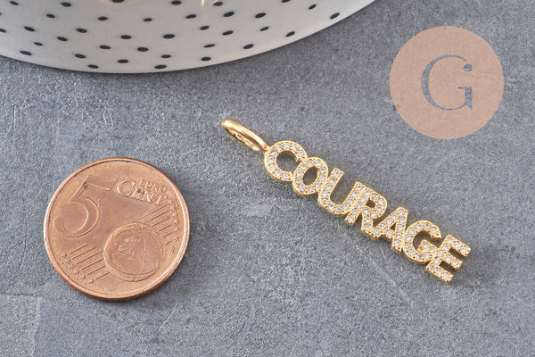 Breloque COURAGE laiton doré 18k cristal 40mm,Pendentif zircon pour création bijoux DIY, x1 (G6359)