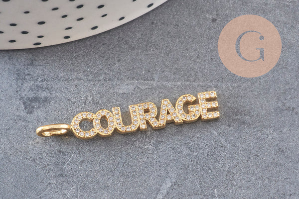 Breloque COURAGE laiton doré 18k cristal 40mm,Pendentif zircon pour création bijoux DIY, x1 (G6359)