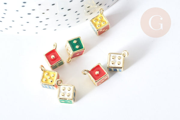 Breloque Dé zamac doré émail coloré 13,5mm, création de bijoux fantaisie thème jeu hasard, x1 G8071