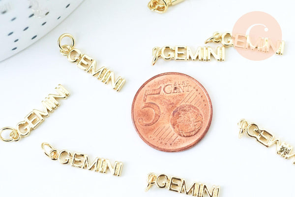 Breloque Gémeaux laiton doré 18k ,sans nickel,création bijoux astrologique, pendentif horoscope,19mm, x1 (G6047)
