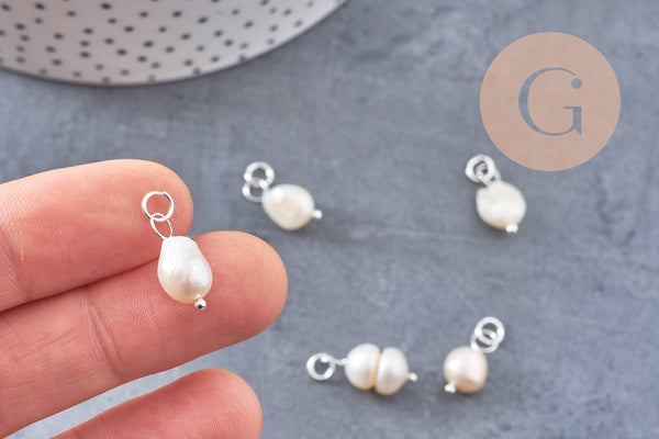 Breloque Perle d'eau douce naturelle blanche acier 304 inoxydable platine 15mm, x1 (G10875)