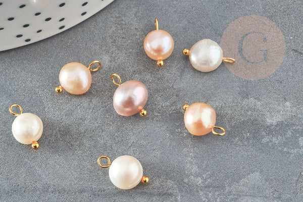 Breloque Perle d'eau douce naturelle rose pêche laiton doré 10-12mm, x1 (G9327)