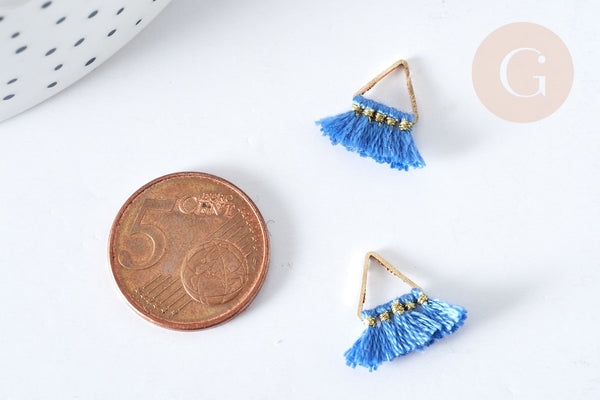 Breloque Pompon bleu polyestère laiton doré 15mm,décoration pompon, pompon boucles,fabrication bijoux bohème, x1 (G8217)
