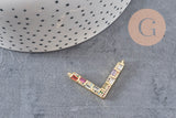 Breloque V laiton doré 18k cristal,sans nickel,pendentif amour, Pendentif zircon coloré,33.2mm, x1 (G8788)