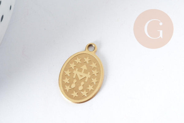 Breloque Vierge Marie ovale acier 304 inoxydable doré IP 16mm, x1 (G8993)