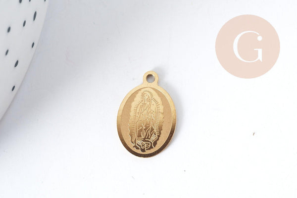 Breloque Vierge Marie ovale acier 304 inoxydable doré IP 16mm, x1 (G8993)