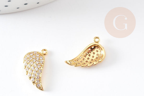 Breloque aile laiton doré 18k cristal,sans nickel,croix bijoux,pendentif ange, Pendentif zircon,16mm, x1 G2577