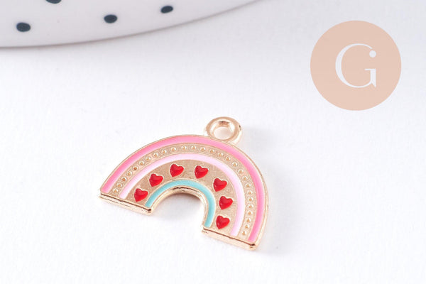 Breloque arc-en-ciel émail rose zamac doré 17.9mm, x2 (G10620)