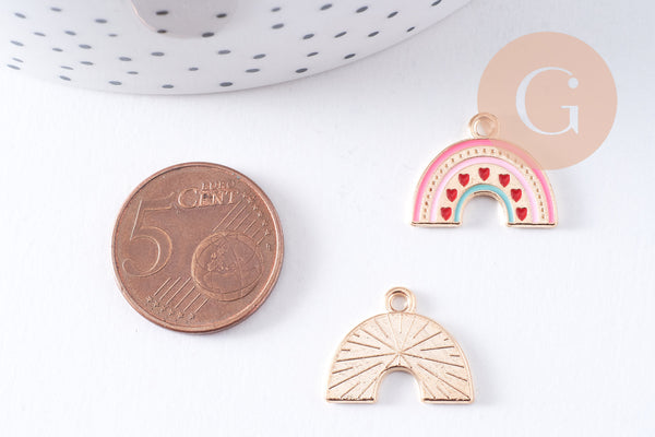 Breloque arc-en-ciel émail rose zamac doré 17.9mm, x2 (G10620)