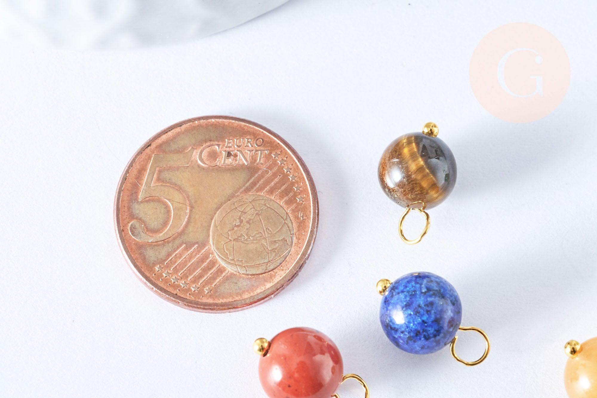 Breloque boule pierre naturelle laiton doré 13.5mm, fournitures pour création de bijoux, x1 (G7092)
