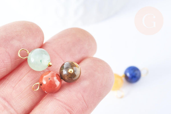 Breloque boule pierre naturelle laiton doré 13.5mm, fournitures pour création de bijoux, x1 (G7092)