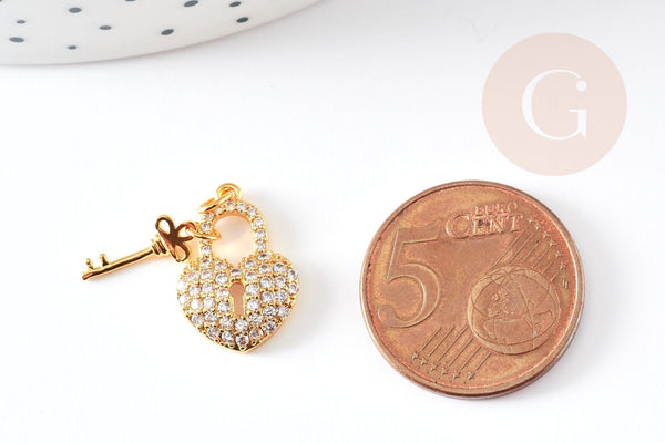 Breloque cadenas coeur laiton doré 18k cristal 17mm, x1 (G2729)