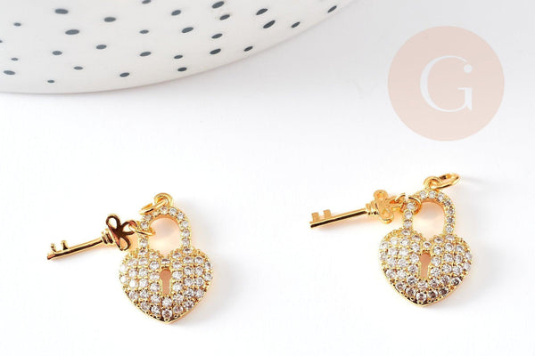 Breloque cadenas coeur laiton doré 18k cristal 17mm, x1 (G2729)
