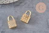 Breloque cadenas laiton doré 18k zircons 12.5mm, x1 (G2578)