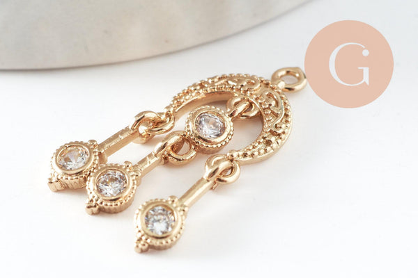 Breloque chandelier laiton doré 18k cristal,sans nickel,création boucles d'oreille zircon,25mm, x1 (G4220)