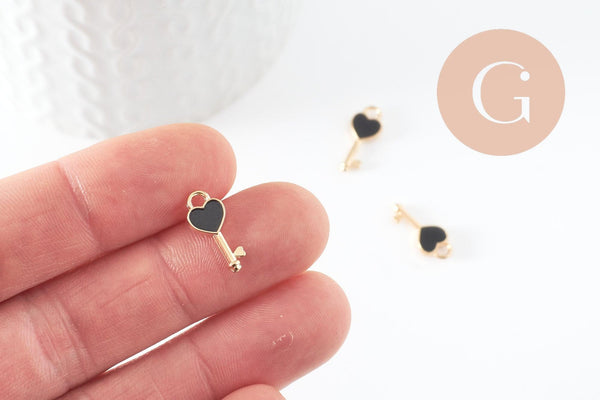 Breloque clé coeur noir laiton doré 16mm, x2 (G4300)