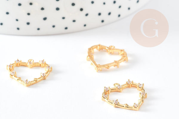 Breloque coeur laiton doré 18k cristal,sans nickel,croix bijoux,création bijoux,pendentif amour, Pendentif zircons blancs,19mm, x1 G3591