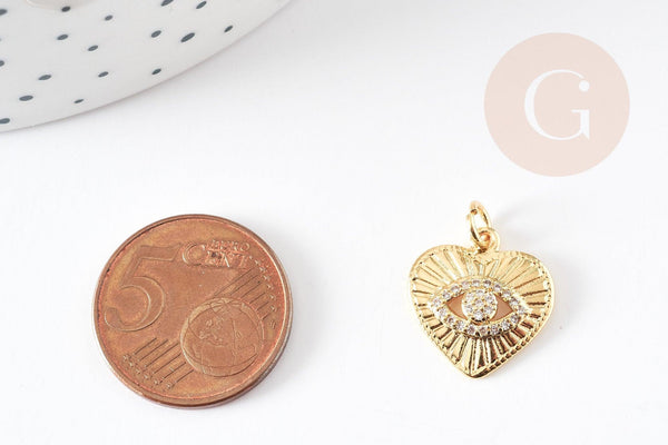 Breloque coeur oeil laiton doré 18k cristal 16.5mm,sans nickel,création bijoux amour, Pendentif zircons blancs, x1 G4265