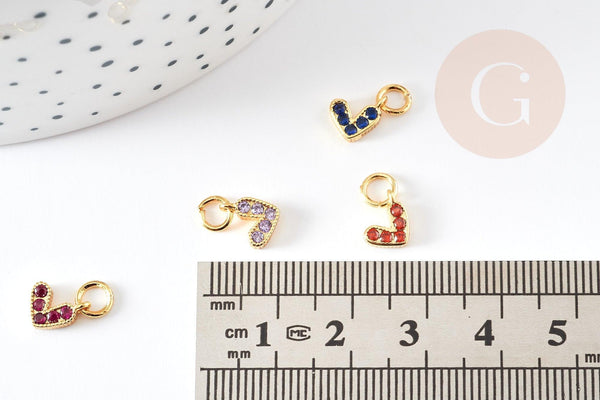 Breloque coeur zircons colorés laiton doré 18k 8mm, x1 (G3485)