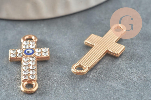 Breloque connecteur croix zamac doré cristal,sans nickel,pendentif oeil protecteur, Pendentif zircon,25.5mm, x1 (G4096)