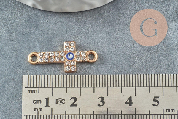 Breloque connecteur croix zamac doré cristal,sans nickel,pendentif oeil protecteur, Pendentif zircon,25.5mm, x1 (G4096)