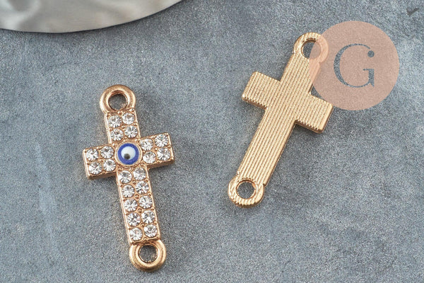 Breloque connecteur croix zamac doré cristal,sans nickel,pendentif oeil protecteur, Pendentif zircon,25.5mm, x1 (G4096)