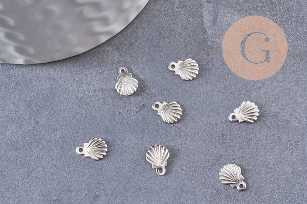 Breloque coquillage acier argenté ,Pendentif coquillage,acier inoxydable,pendentif bijoux,sans nickel,7.5mm x10 (G4850)