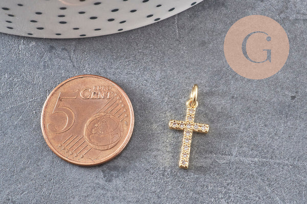 Breloque croix laiton doré 18k criStal,sans nickel,laiton brut,croix bijoux,pendentif religion, 16mm x1 (G0473)