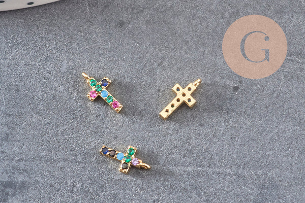 Breloque croix laiton doré 18k cristal 10mm,sans nickelcroix bijoux,pendentif religion, Pendentif zircon, x1 (G0474)