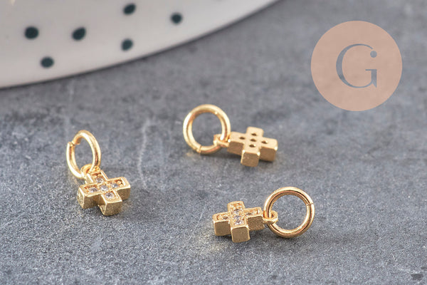 Breloque croix laiton doré 18k cristal,sans nickel,croix bijoux,pendentif religion, Pendentif zircon,6.5mm x1 (G0820)