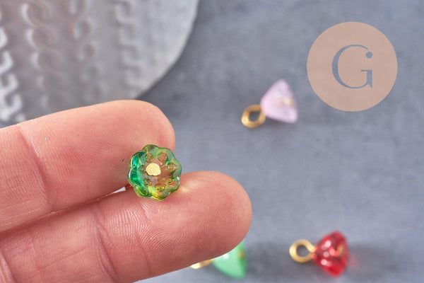 Breloque fleur lotus verre coloré fer doré 12mm, x5 (G10298)