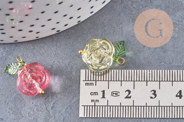 Breloque fleur rose verre multicolore laiton doré 21.5mm, x5 (G10811)