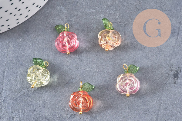 Breloque fleur rose verre multicolore laiton doré 21.5mm, x5 (G10811)