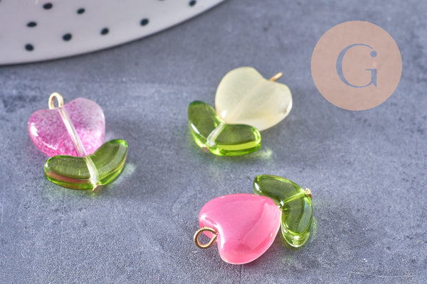 Breloque fleur tulipe coeur verre coloré acier 304 inoxydable doré, x5 (G10657)