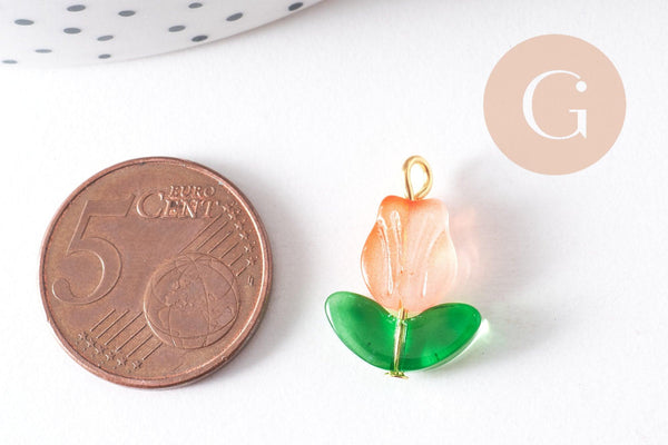 Breloque fleur tulipe verre coloré fer doré 21.5mm, x5 (G10301)