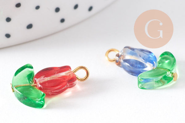 Breloque fleur tulipe verre coloré fer doré 21.5mm, x5 (G10301)