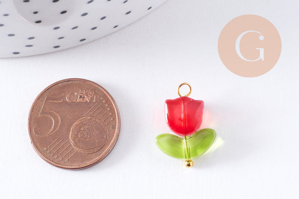Breloque fleur tulipe verre rouge laiton doré 20mm, x5 (G10626)