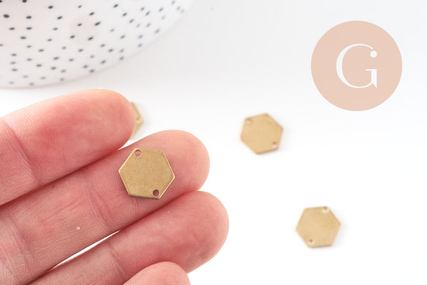 Breloque hexagone laiton brut 2 trous 12mm, pendentif géométrique sans nickel x10 (G1249)