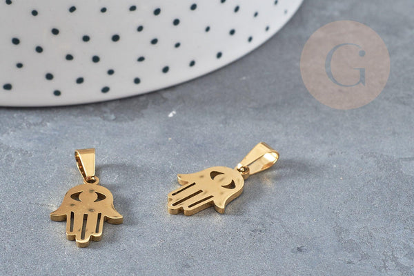 Breloque main fatma acier doré,création bijoux acier inoxydable ,pendentif religion, Pendentif zircon,19.5mm, x1 G3648