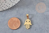 Breloque main fatma acier doré,création bijoux acier inoxydable ,pendentif religion, Pendentif zircon,19.5mm, x1 G3648